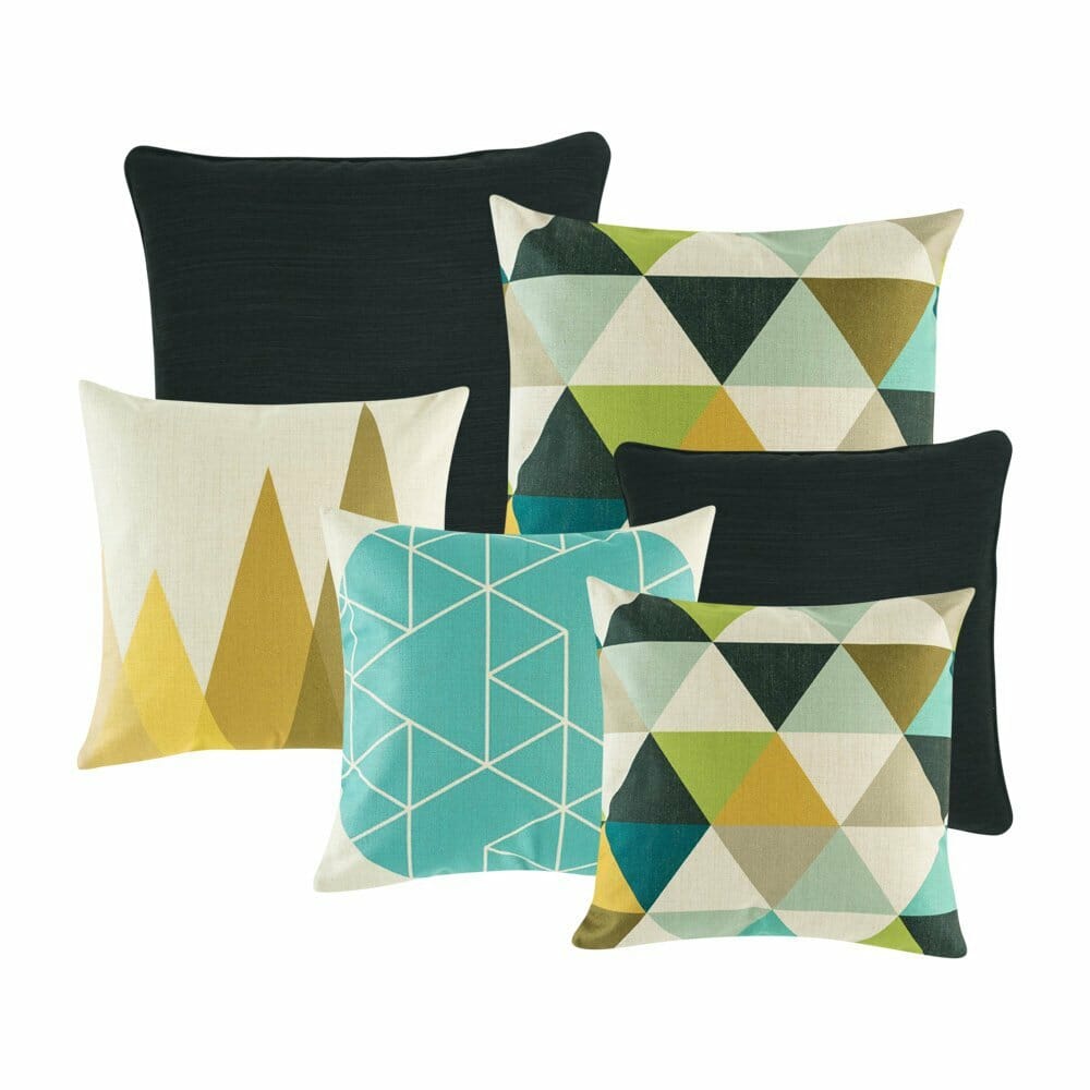 two square cushion cover with triangle design, a teal and white cushion cover, two plain black cushion cover and one gold and white cushion cover