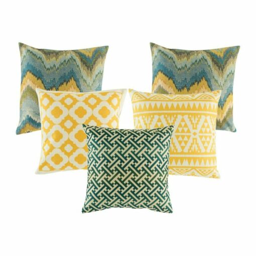 Four multi patterned cushion cover in blue and gold colours with abstract and diamond designs.
