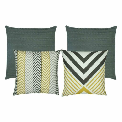 A pair of grey textured cushion, and two gold and grey cushion with arrow patterns