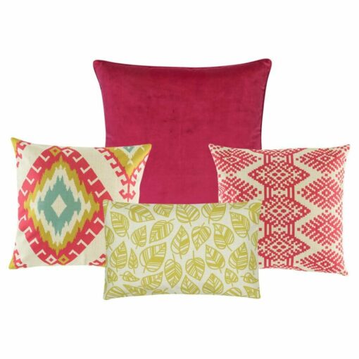 Three multi patterned cushion cover in fuchsia and yellow colours with rectangular leaf and diamond designs. One plain fuchsia cushion cover.