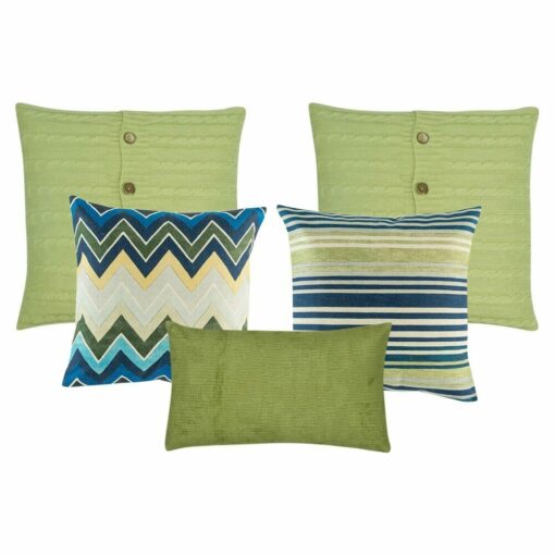 Two olive cable knit cushion cover, two patterned cushion cover in blue and olive colours and one cushion cover with rectangular shape in olive colour.
