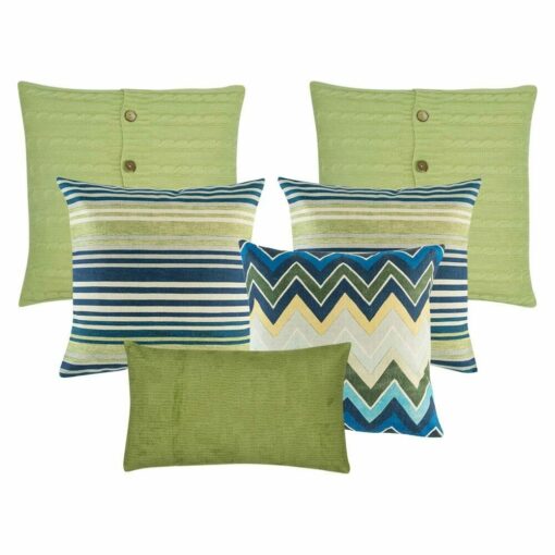 A pair of cable knit cushion in Olive, a pair of stripes cushion, one chevron design cushion in blue and olive colours and one rectangular olive cushion.