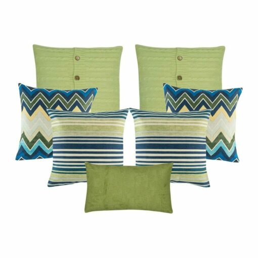 Two cable knit in olive colour cushion covers. Four patterned cushion covers with chevron and stripes designs in blue and olive colours and one rectangular cushion cover in olive colour.