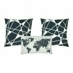 two black and white cushion cover with linear design and a rectangular cushion cover with map design