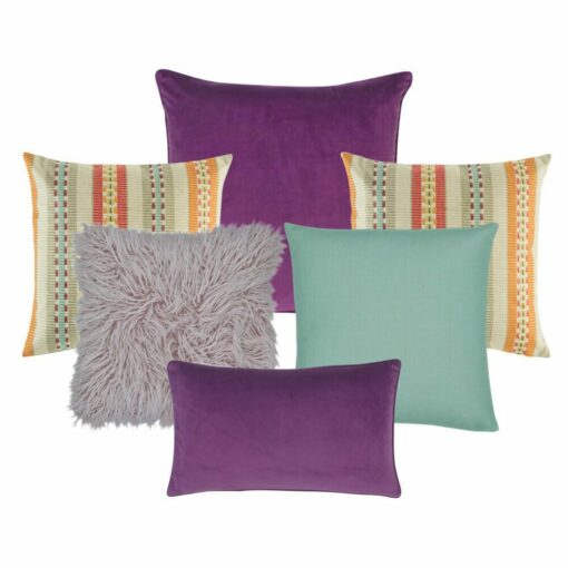 One plain violet cushion, two patterned cushion in orange and teal colours, one fur cushion in lilac,one plain cushion in teal and one rectangular cushion in violet colour.