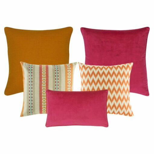 Two Plain Cushion in Orange and Fuchsia, two patterned cushion, one fuchsia rectangular cushion