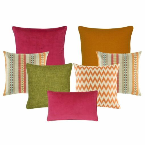 Two Plain Cushion Cover in Orange and Fuchsia, 3 patterned cushion cover in fuchsia and orange, one plain freen cushion cover and one rectangular cushion cover in fuchsia.