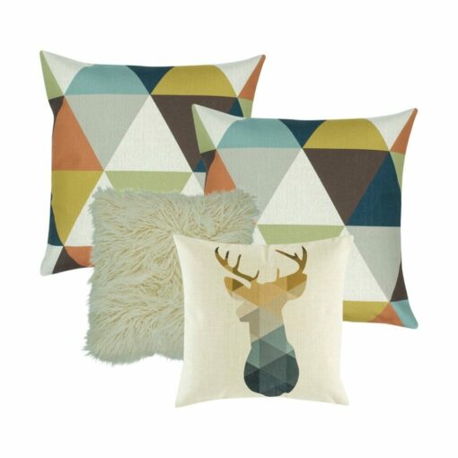 A moose cushion cover, a fur cushion cover in white and two patterned cushion cover