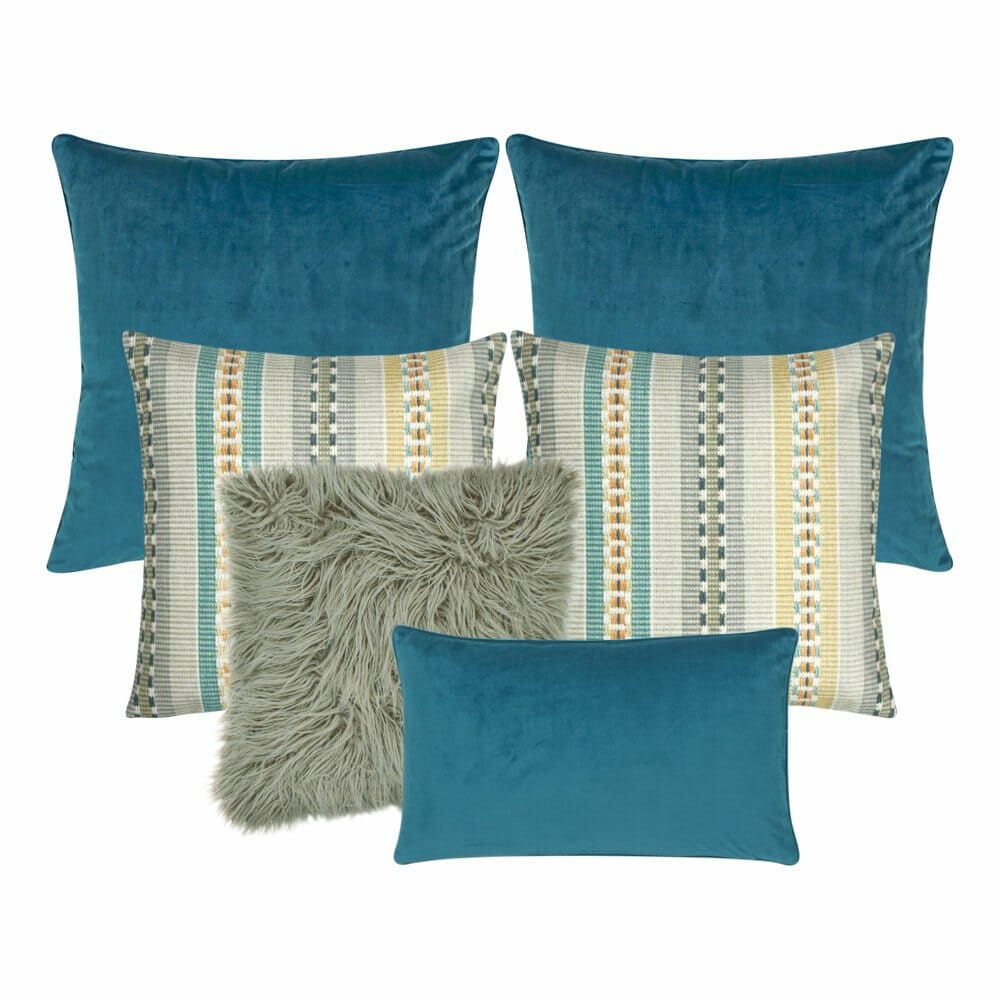 A mix of rectangular and square cushions with blue and grey colours