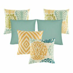 a pair of patterned cushion, a pair of skyblue cushion,one diamond design cushion and one ikat design cushion.