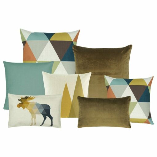 A pair of cushion in brown, yellow, and blue triangle patterns, a white and yellow cushion a blue cushion, a rectangular cushion with moose design, a brown rectangular cushion and one square brown cushion