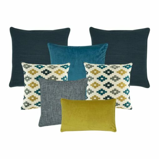 A pair of grey coloured cushion cover, one plain teal cushion cover, two patterned cushion cover, one grey cushion cover and one rectangular cushion cover in mustard.