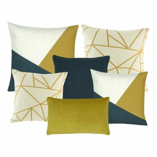 two white,gold and grey patterned cushion cover, one plain grey cushion cover, two cushion covers in linear gold and white pattern, and one rectangle cushion in gold colour.