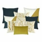 two plain grey cushion, two white,gold and grey patterned cushion, 2 cushion in linear gold and white pattern, one printed cushion with letters, and one rectangular gold cushion