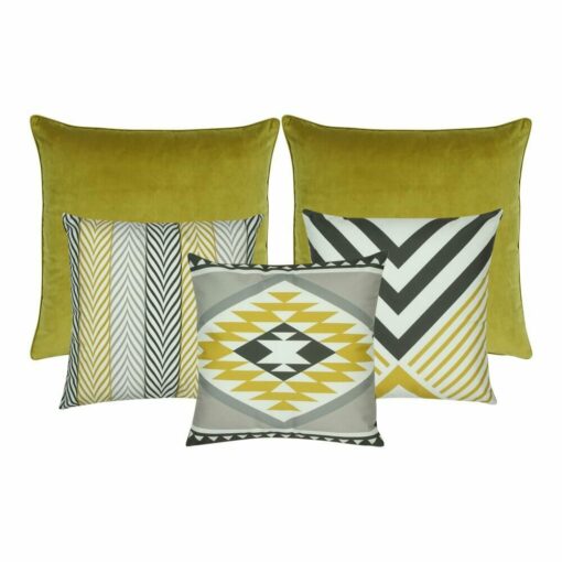 3 cushion in grey and yellow in different patterns, a two plain yellow cushion
