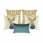 A pair of moose printed cushion, 2 gold and white cushion and one rectangle cushion in grey