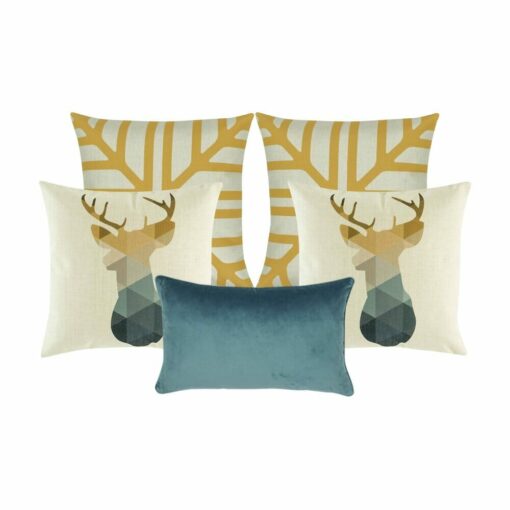 A pair of moose printed cushion, 2 gold and white cushion and one rectangle cushion in grey