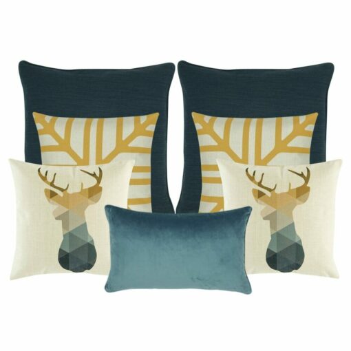 two white cushion with moose design, a set of 2 grey cushion, two gold and white patterned cushion and one plain grey rectangle cushion
