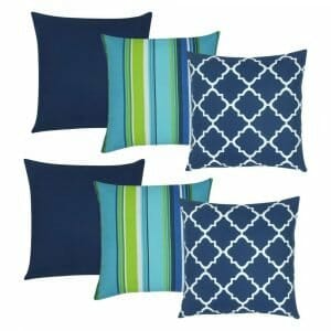 a pair of plain dark blue cushion, a pair or green, blue and stripes cushion, and a pair of blue and white patterned cushion