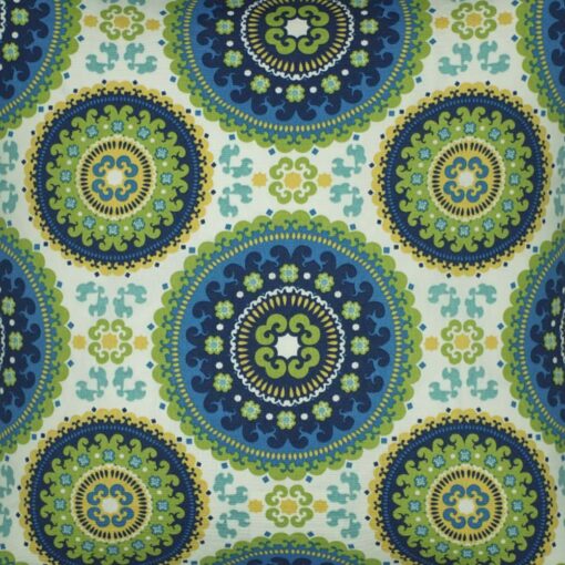 Close up photo outdoor cushion cover in green and blue pattern