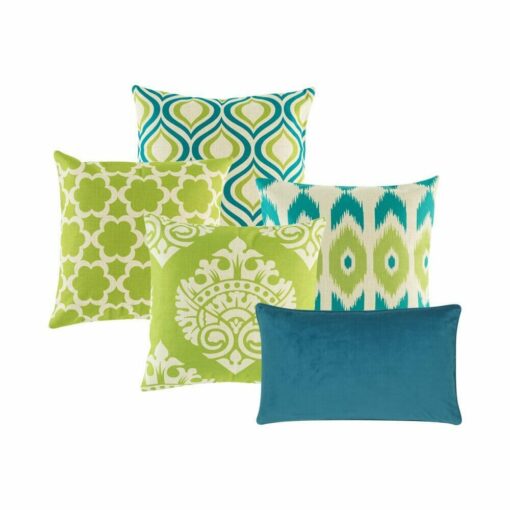 Four lime green and blue cushion cover with in multiple patterns, and one blue rectangular cushion cover.