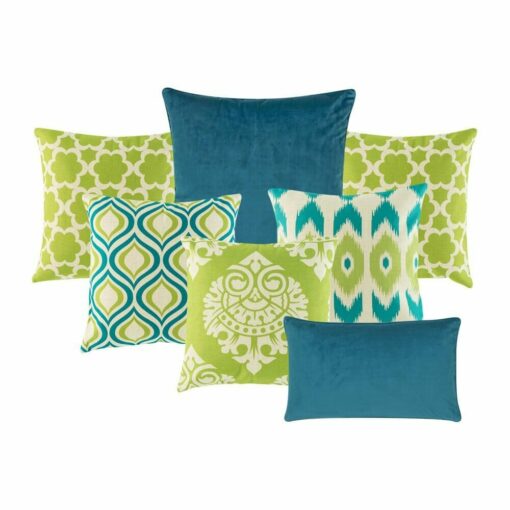5 Multi-patterned cushion with lime green and teal colours, one plain blue cushion and one rectangular cushion in blue.
