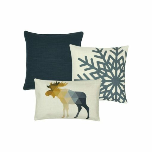 One cushion cover in grey, one snowflake patterned cushion, and one rectangular moose cushion