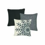 1 dark grey cushion, 1 light grey cushion, and 1 patterned white and grey cushion