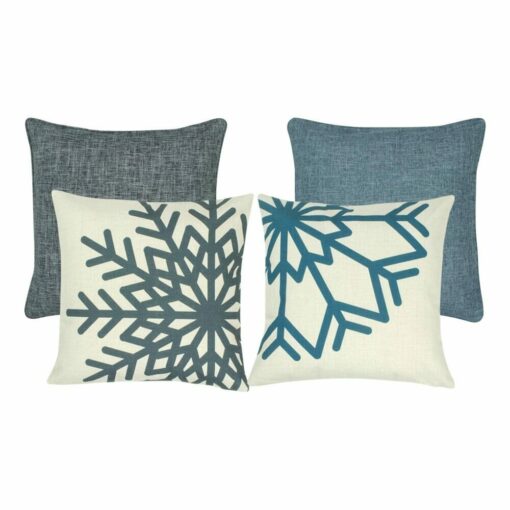2 plain cushion covers in blue and grey and 2 snowflake patterned cushion covers