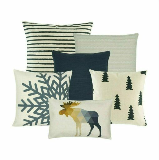 2 cushion cover with pine tree and snowflake pattern, 1 rectangular cushion cover with moose design, 1 striped cushion cover, 1 plain cushion cover, and one white knitted cushion cover