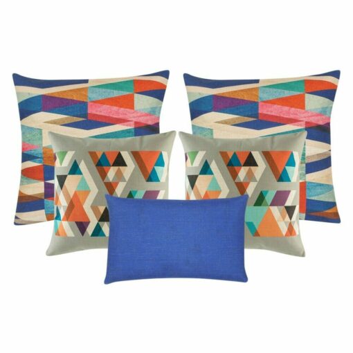 4 Square cushions in blue, orange and grey, and 1 rectangular cushions in plain blue