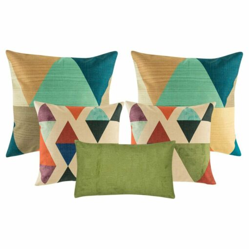 A pair of cushion with diagonal patterns, two pieces of cushion with triangle patterns, and one green rectangular cushion