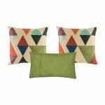 A pair of patterned cushion and one green rectangular cushion