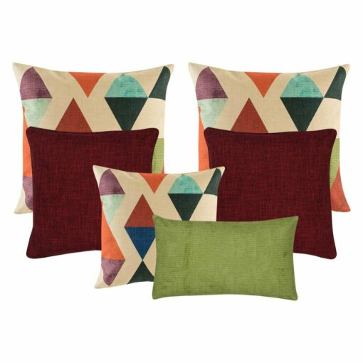 three multi coloured cushion, two plain dark red cushion, and 1 rectangular cushion in green