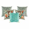 2 grey patterned cushion cover, 1 grey and orange cushion cover and 1 teal and white patterned cushion cover