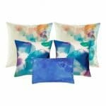 2 Large cushion covers in shades of blue, 2 square cushion covers in shades of blue and 1 rectangular cushion cover