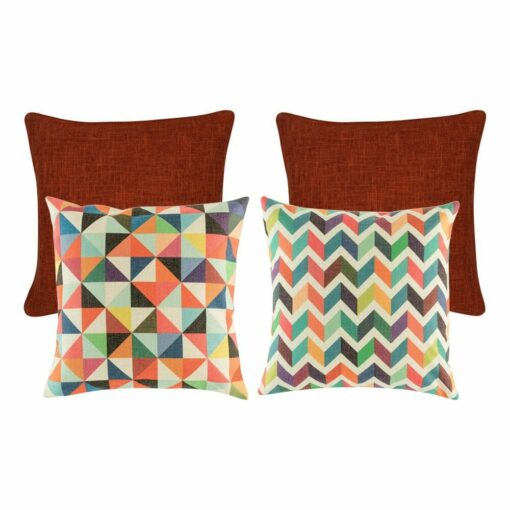 A pair of plain red cushion covers, and two pieces of rainbow coloured cushion covers