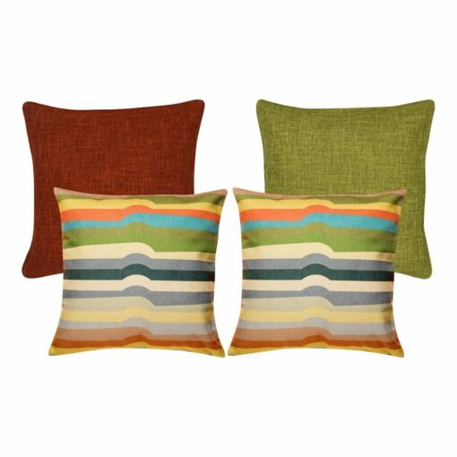 an olive cushion cover, a pair of multicoloured cushion cover and one burnt orange cushion cover