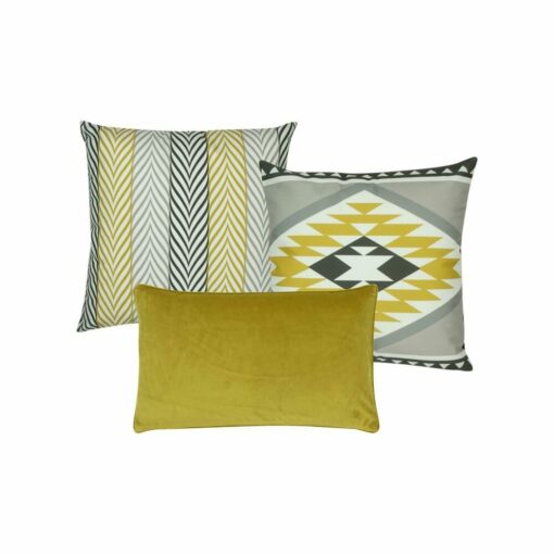 two patterned cushion in grey and gold, one rectangular cushion in gold.