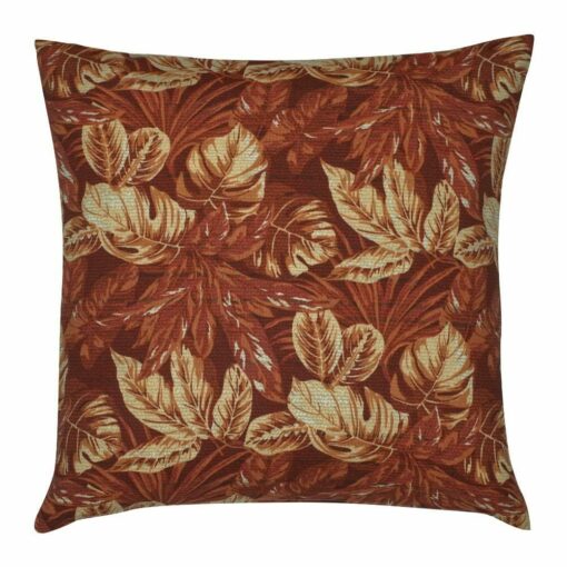 Maroon outdoor cushion with leaves pattern