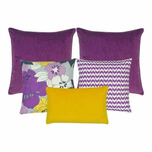 A pair of plain purple cushion cover, 1 floral cushion cover, 1 chevron patterned cushion cover and a yellow rectangular cushion cover
