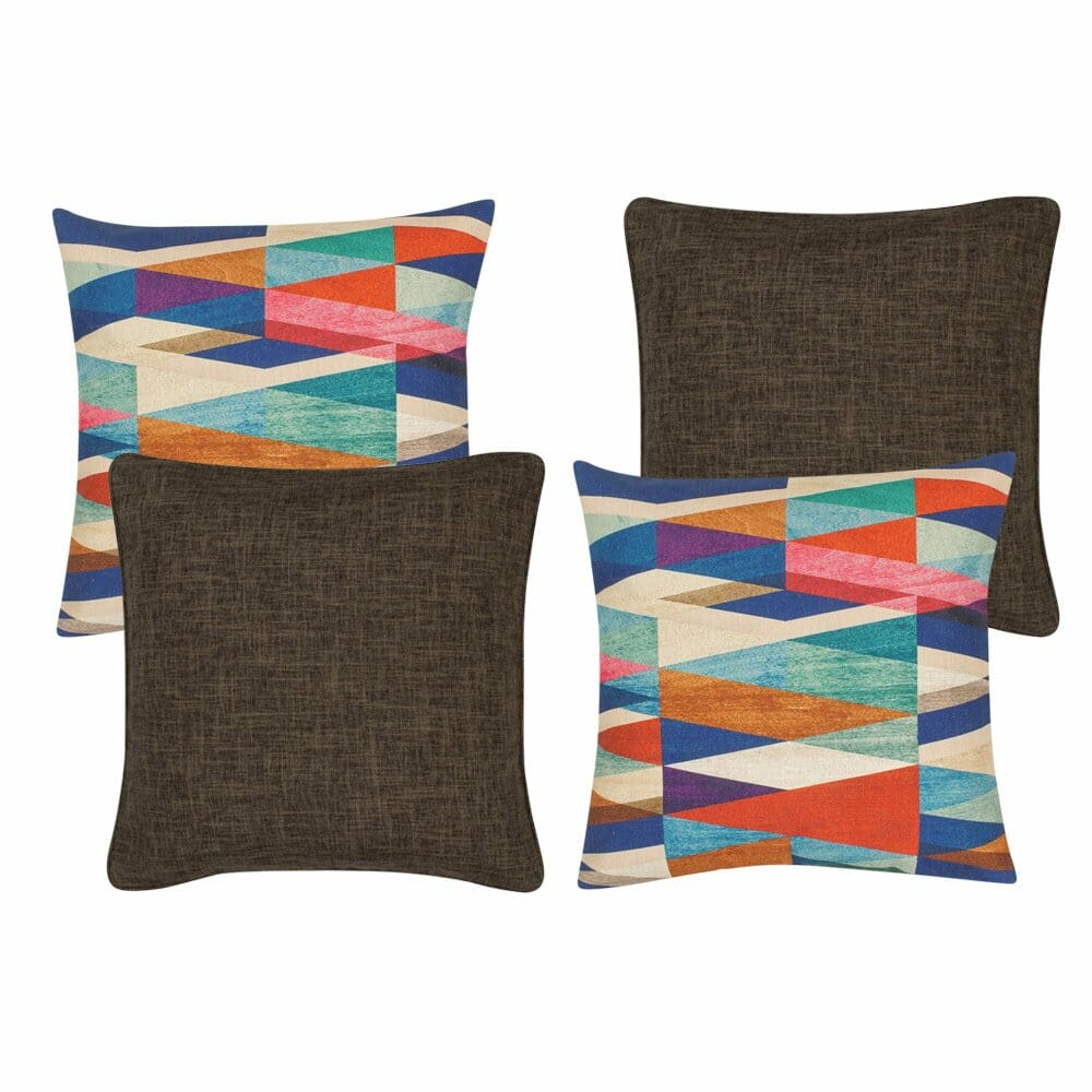 A pair of a patterned cushion cover and a pair of brown cushion cover