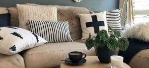 A variety of cushions in different shapes and patterns.