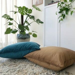 Set of floor cushion in teal and taupe brown