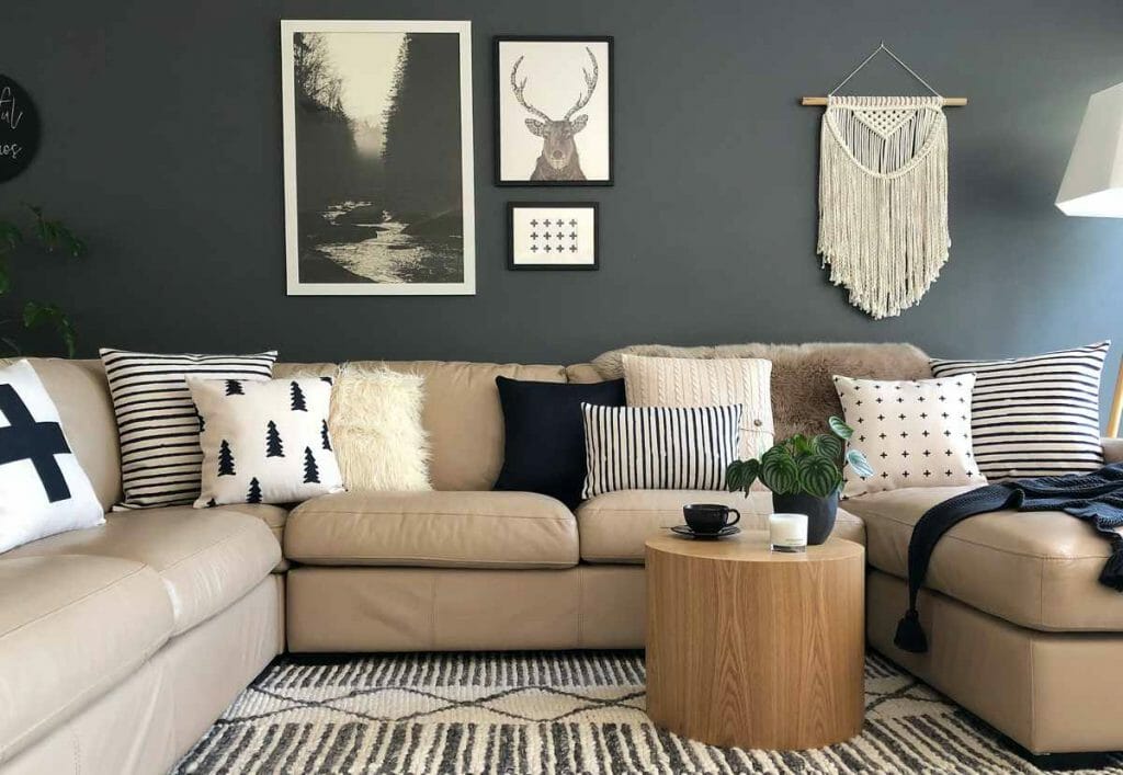 A cozy sofa perfect for lounging, decorated with cushions in in Scandi inspired patterns