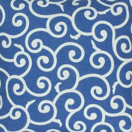 close up picture blue and white cotton linen with swirl design cushion in 45cmx45cm