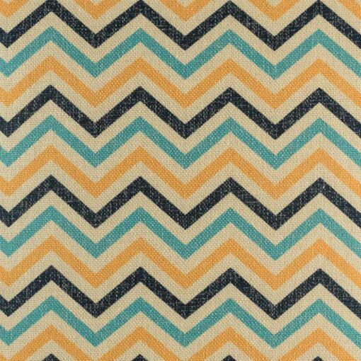 Close up of the Black, blue, and yellow 45cmx45cm cotton linen cushion cover with chevron pattern