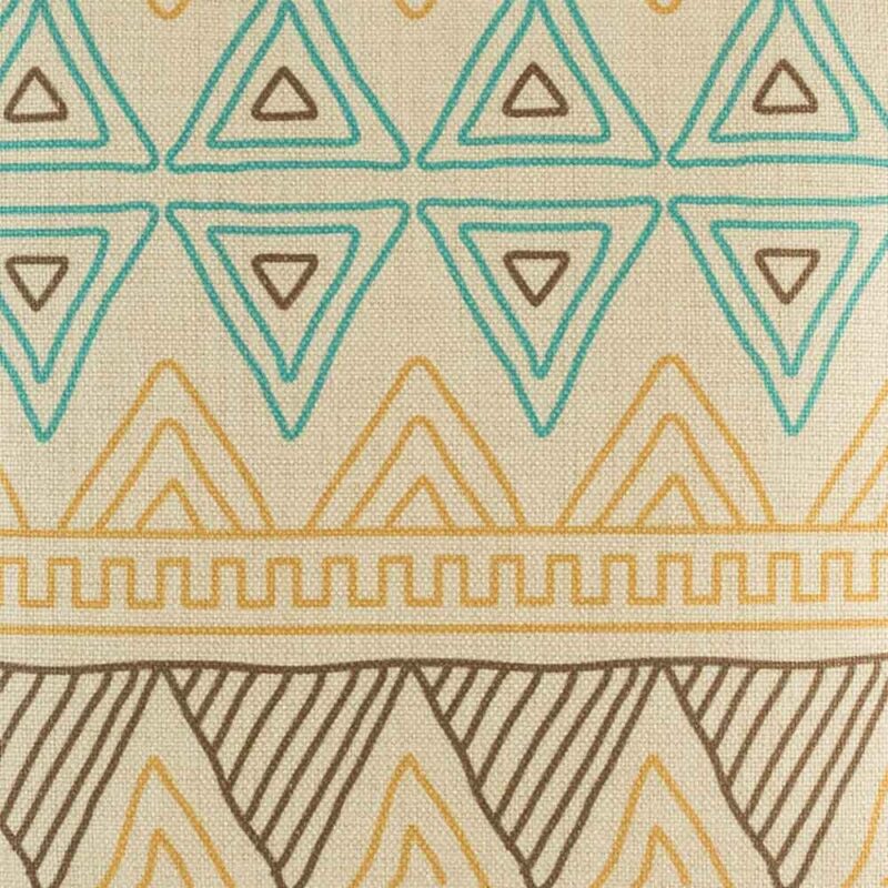 (45cmx45cm) Closer look at the multiple triangular pattern of cotton linen cushion cover in blue,yellow and brown