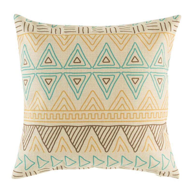 Audrey Motif Cushion Cover Blue, Yellow and Brown triangular design cotton linen cushion in size 45cmx45cm