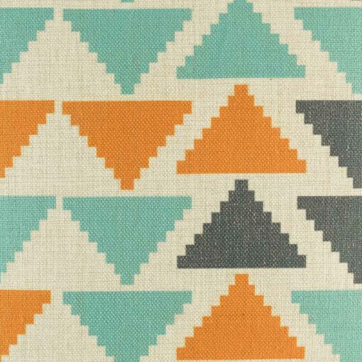 closer look of the orange, grey and light blue cushion in 45cmx45cm made from cotton linen